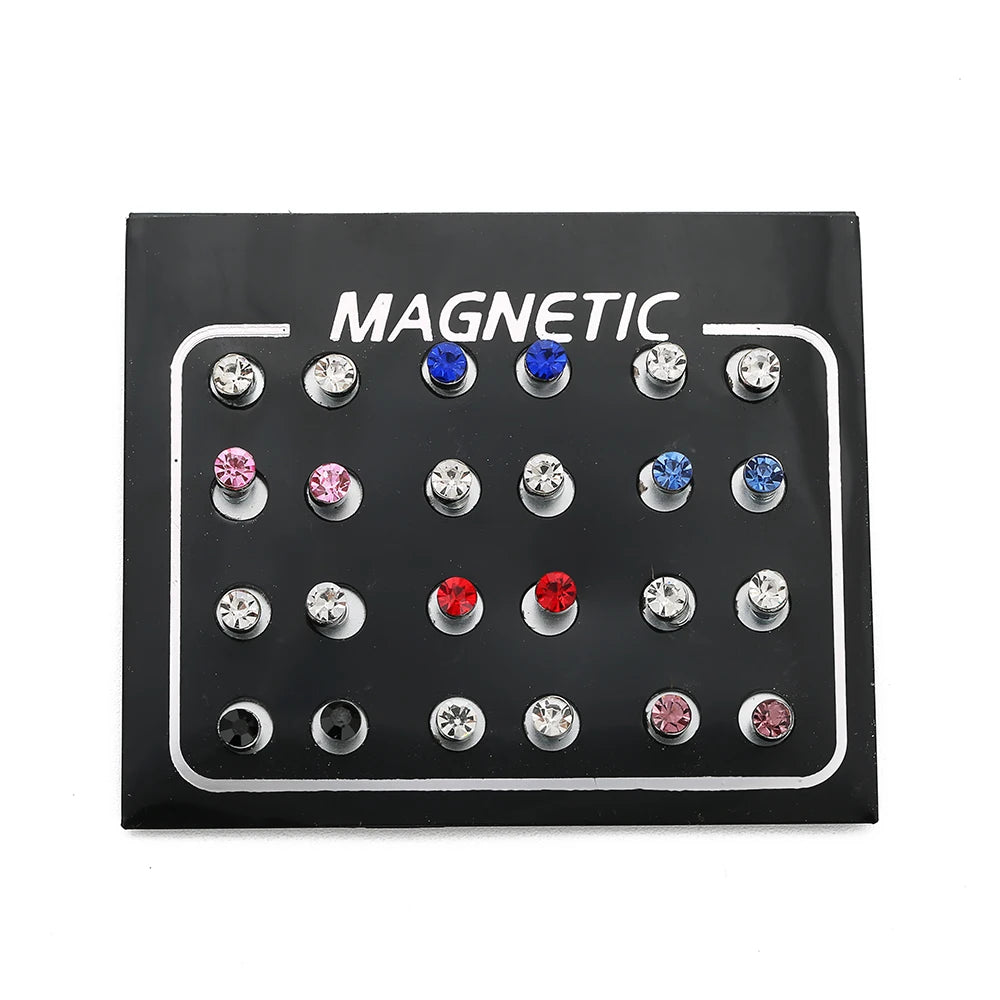 AHKNORMAILCUI 12 Pair/lot 3/4/5/6mm Round Crystal Rhinestone Magnet Stud Earring Puck Womens Magnetic Fake Ear Plug Body Jewelry