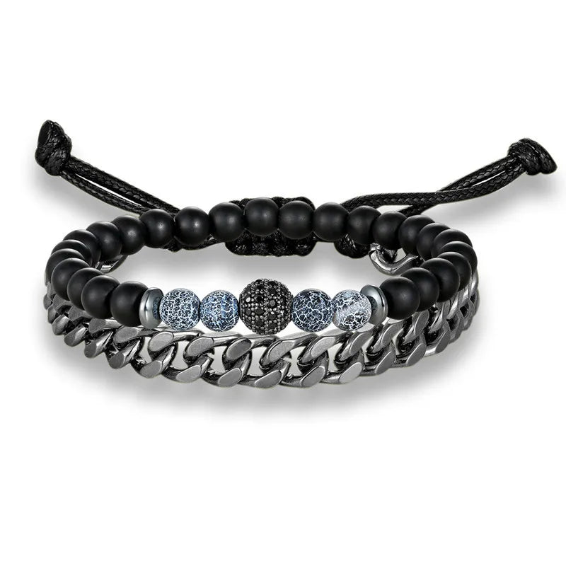 MKENDN 2Pcs/Set Natural Tiger Eye Men Women Stone Beads Pave CZ Beaded Bracelet Stainless Steel Cuban Link Chain Bracelets