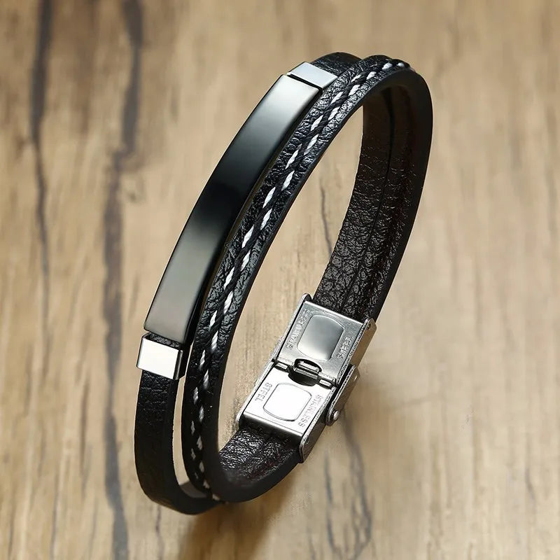 Vnox Unique Sew Lines Genuine Leather Bracelets for Men Women Stainless Steel Bar Layered Bangle Causal Pulseira - Madeinsea©