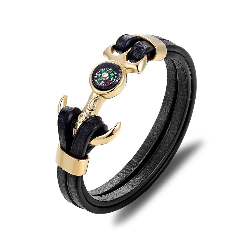 MKENDN High Quality Compass Stainless Steel Anchor Shackles Black Leather Bracelet Men Wristband Survival Sport Fashion Jewelry