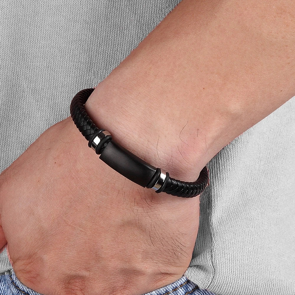TYO Custom Stainless Steel Black Matte Metal Charm Men's Handmade Braided Real Leather Boyfriend Bracelet with Magnetic Clasp