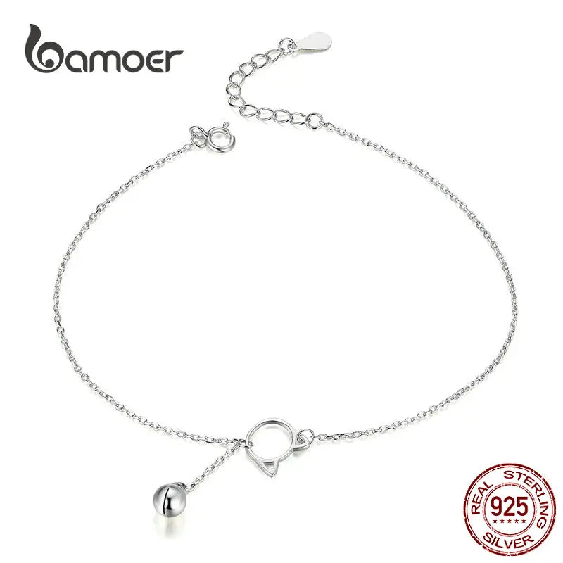 BAMOER Fußschmuck Fußkettchen Einfaches Glocken- und Katzenarmband für den Knöchel Echtes massives 925er Sterlingsilber Fußkettchen für Frauen SCT003