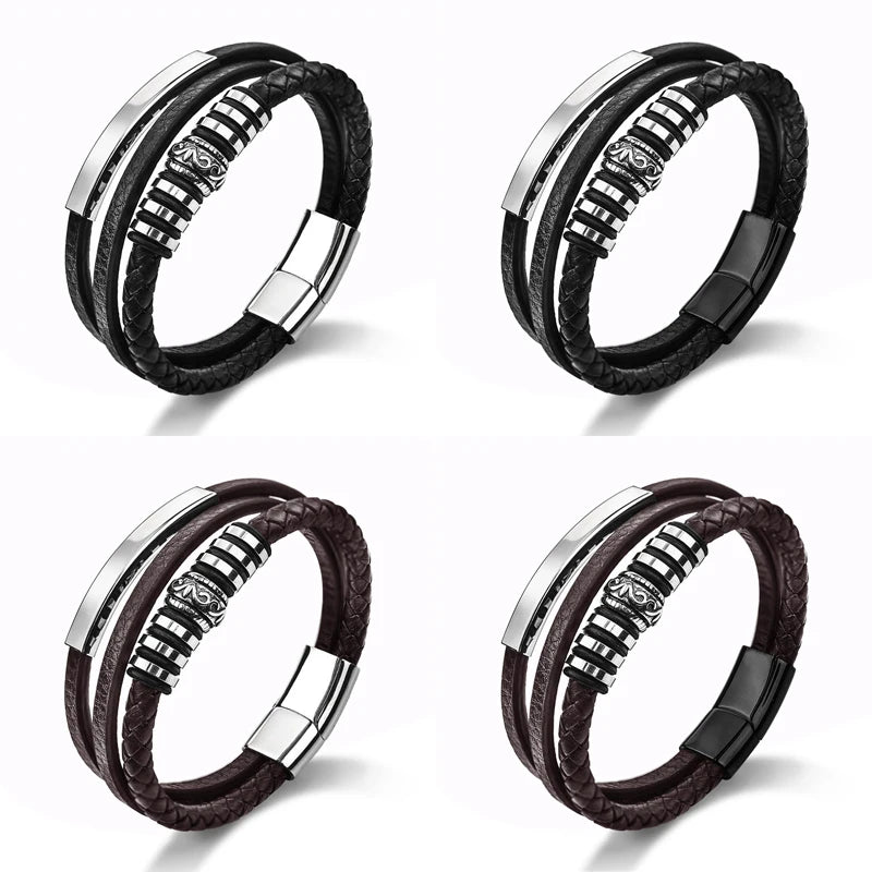 Jiayiqi Men Jewelry Genuine Leather Bracelets Fashion New Stainless Steel Magnetic Clasp Punk Black Brown Rope Brangle for Gifts