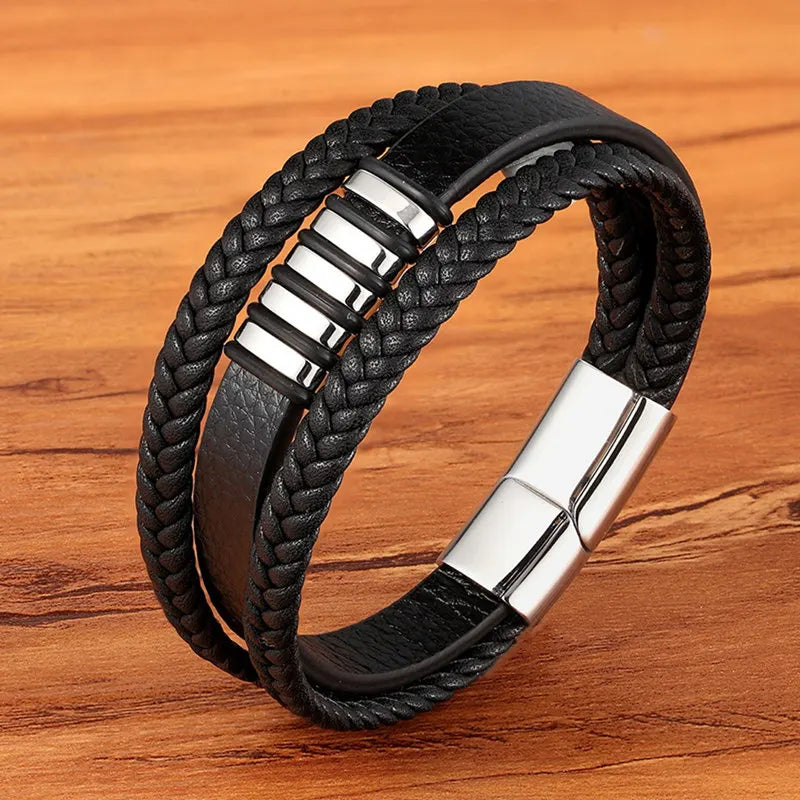 TYO Fashion Stainless Steel Charm Magnetic Black Men Bracelet Leather Genuine Braided Punk Rock Bangles Jewelry Accessories - Madeinsea©