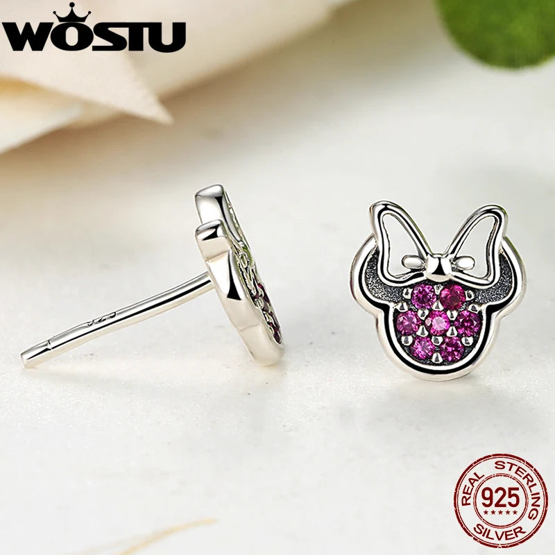 WOSTU Authentic 925 Sterling Silver Clear CZ Sparkling Minnie Stud Earrings For Women Girl Cute Animal Fine Jewelry Gift Making