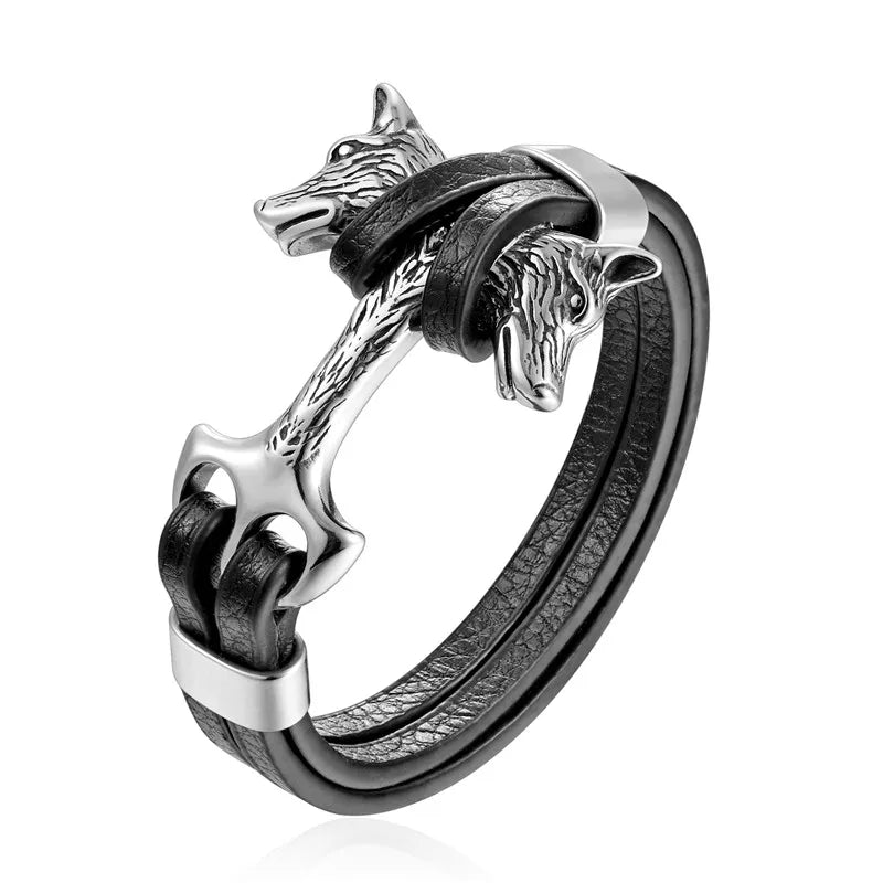 YIZIZAI Genuine Leather Anchor Bracelet Men Lion Double Wolf Shackles Stainless Steel Charm Bracelets Wristband Fashion Jewelry - Madeinsea©