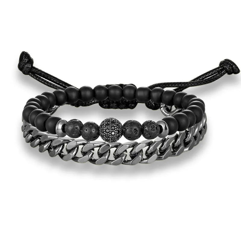 MKENDN 2Pcs/Set Natural Tiger Eye Men Women Stone Beads Pave CZ Beaded Bracelet Stainless Steel Cuban Link Chain Bracelets