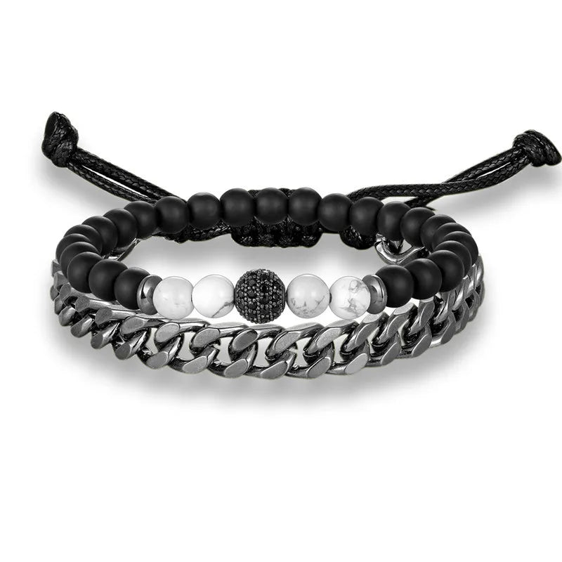 MKENDN 2Pcs/Set Natural Tiger Eye Men Women Stone Beads Pave CZ Beaded Bracelet Stainless Steel Cuban Link Chain Bracelets