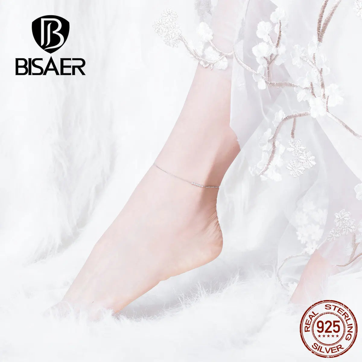 BISAER 925 Sterling Silver Lobster Fermoir Cheville Femmes Cheville Simple Longue Chaîne Hypoallergénique pour Femmes Bijoux Fins ECT007