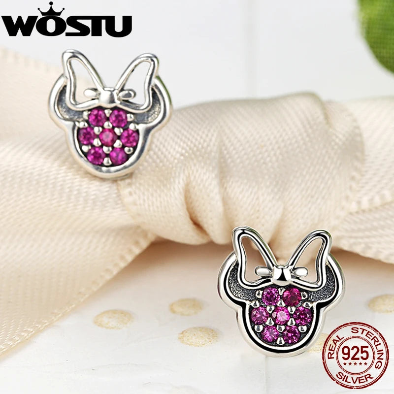 WOSTU Authentic 925 Sterling Silver Clear CZ Sparkling Minnie Stud Earrings For Women Girl Cute Animal Fine Jewelry Gift Making