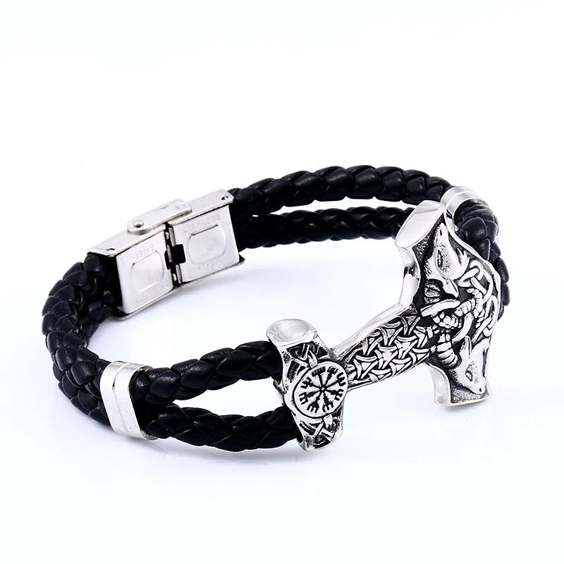 Bracelet Beier en acier inoxydable 316L avec tête de chèvre viking et marteau pour homme, symbole nordique, bijoux de haute qualité LLBC-L015