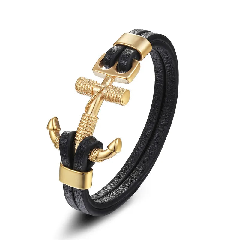 YIZIZAI Genuine Leather Anchor Bracelet Men Lion Double Wolf Shackles Stainless Steel Charm Bracelets Wristband Fashion Jewelry - Madeinsea©