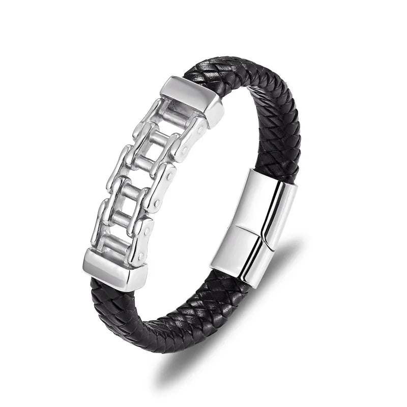 MKENDN Punk Men Stainless Steel Genuine Leather Rope Magnetic Clasp Accessories Male Charm Bracelets Wristband Rock Boyfriend