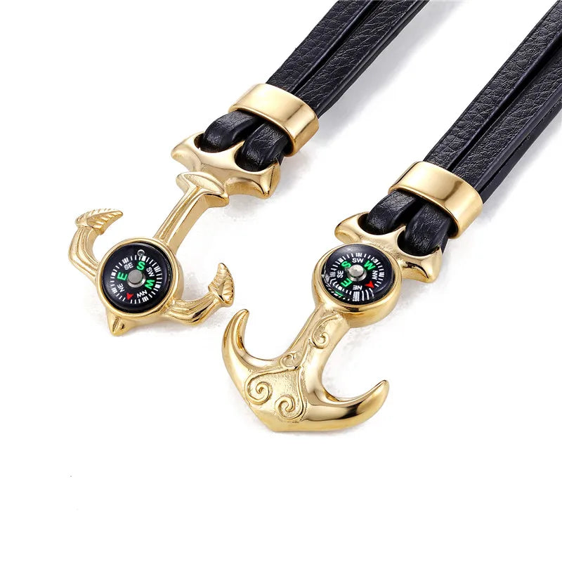 MKENDN High Quality Compass Stainless Steel Anchor Shackles Black Leather Bracelet Men Wristband Survival Sport Fashion Jewelry