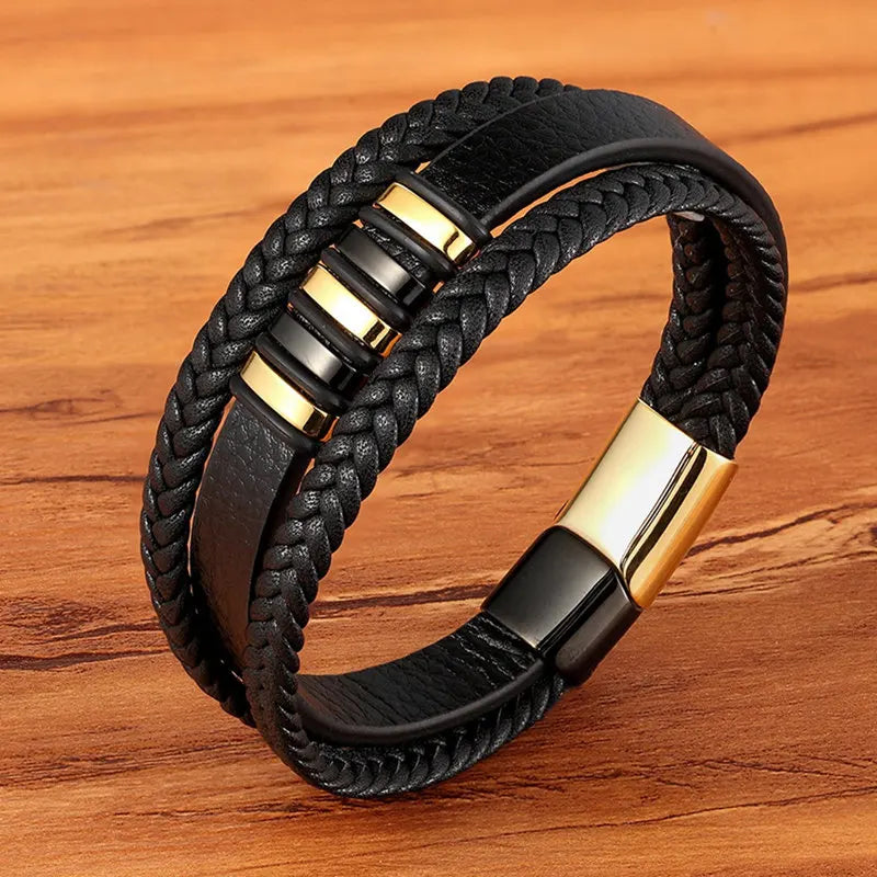 TYO Fashion Stainless Steel Charm Magnetic Black Men Bracelet Leather Genuine Braided Punk Rock Bangles Jewelry Accessories - Madeinsea©