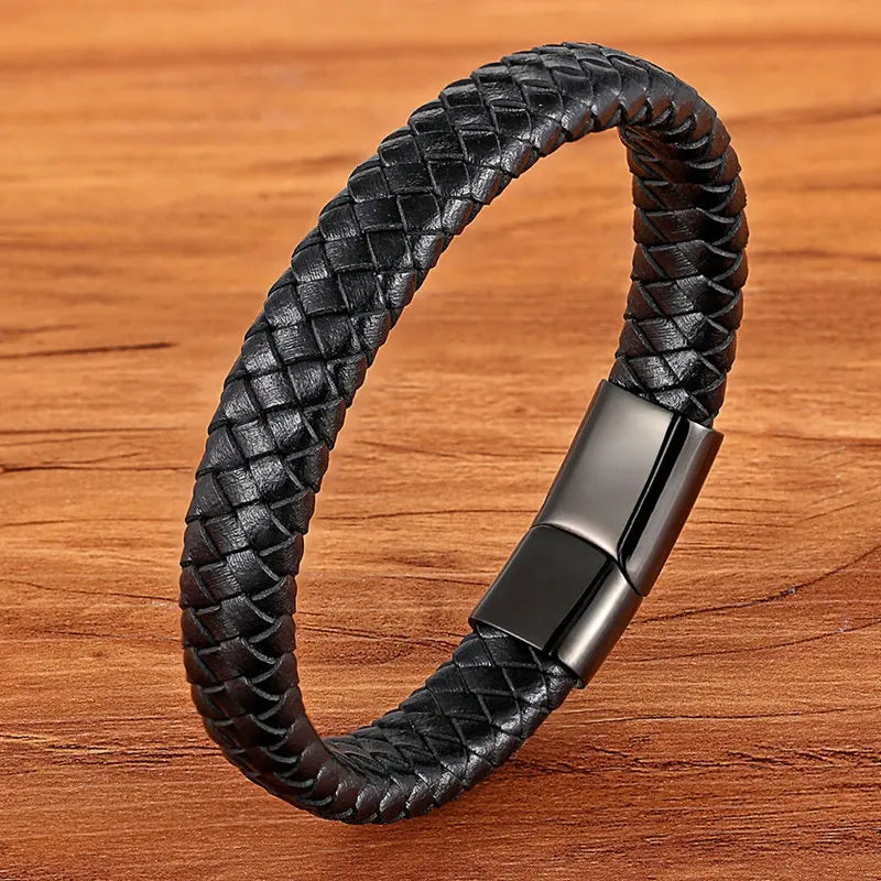 TYO Classic Top quality Stainless Steel Gold Color Magnetic Clasp Brown Woven Real Leather Bracelet Man Boys Birthday Gifts