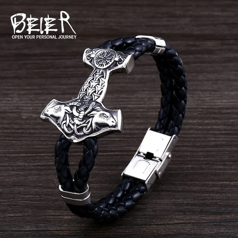 Bracelet Beier en acier inoxydable 316L avec tête de chèvre viking et marteau pour homme, symbole nordique, bijoux de haute qualité LLBC-L015