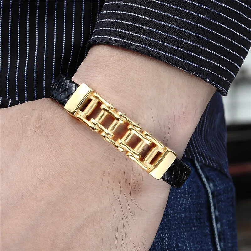 MKENDN Punk Men Stainless Steel Genuine Leather Rope Magnetic Clasp Accessories Male Charm Bracelets Wristband Rock Boyfriend