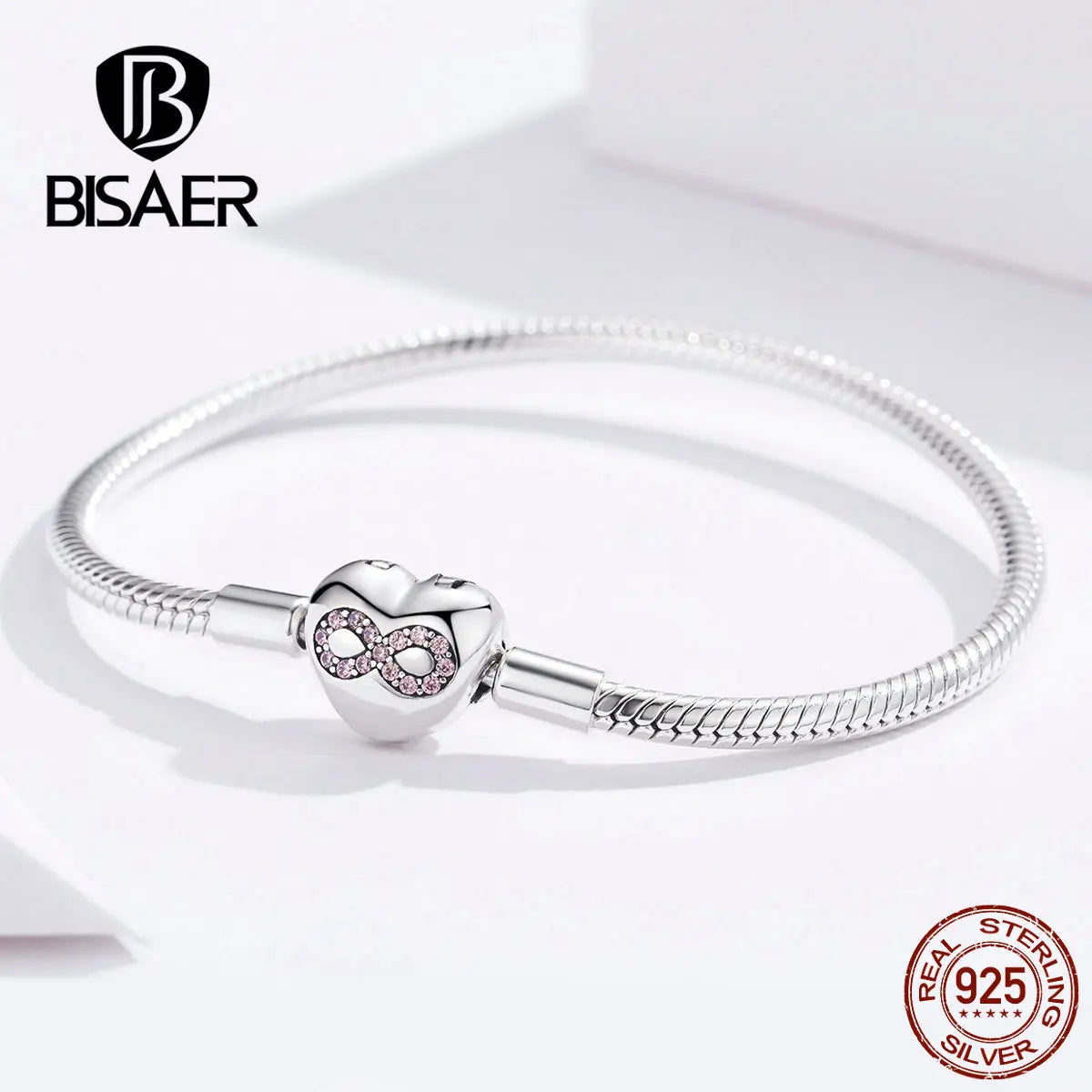 BISAER Bracelet en argent sterling 925 en forme de cœur avec zircon scintillant pour femme, bijou fin à breloques, amour infini, ECB142