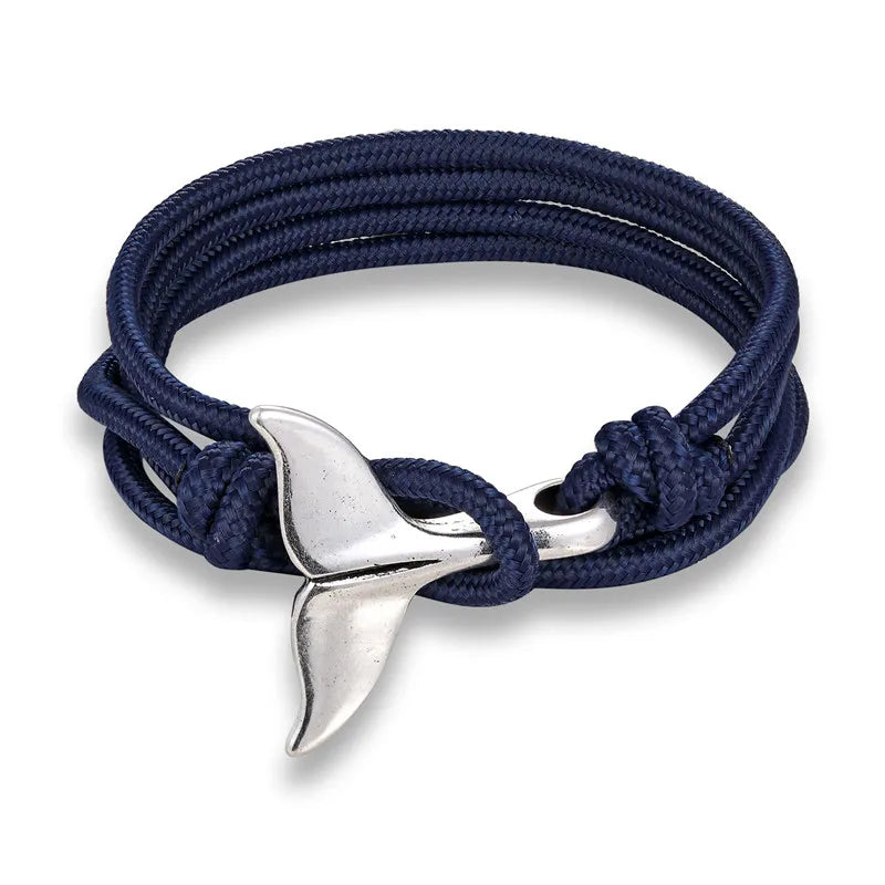 MKENDN Fashion Whale Tail Bracelets Men Women Charm Nautical Survival Multilayers Rope Chain Paracord Bracelet Wrap Metal Hooks