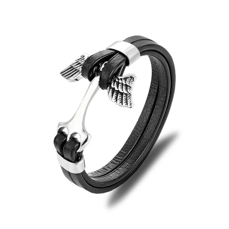 MKENDN New Arrival Mens Bracelets Angel Stainless Steel Skull Shackles Black Leather Bracelet Men Wristband Fashion Jewelry