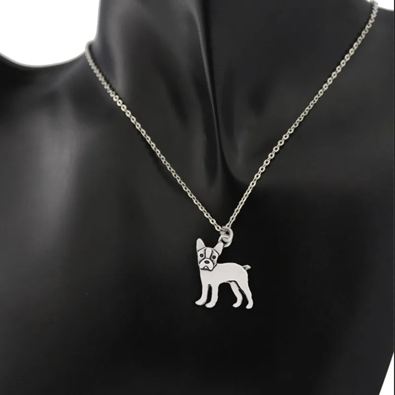 Vintage Silver Color Stainless Steel Long Chains Boston Terrier Pendant Necklace Dog Love Necklaces For Women Men Jewelry Colar