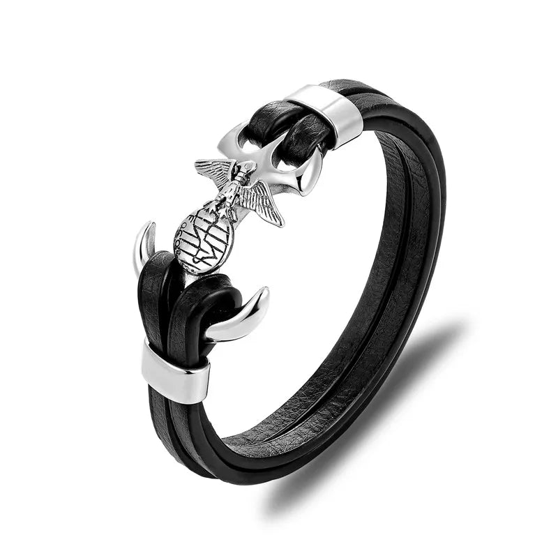 MKENDN New Arrival Mens Bracelets Angel Stainless Steel Skull Shackles Black Leather Bracelet Men Wristband Fashion Jewelry