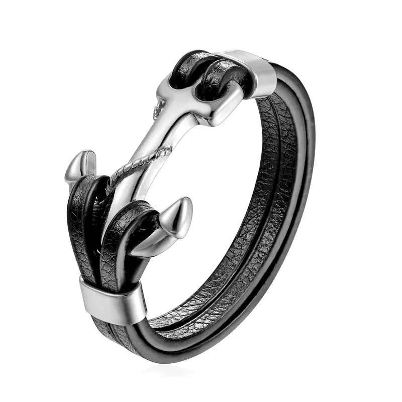 YIZIZAI Genuine Leather Anchor Bracelet Men Lion Double Wolf Shackles Stainless Steel Charm Bracelets Wristband Fashion Jewelry - Madeinsea©