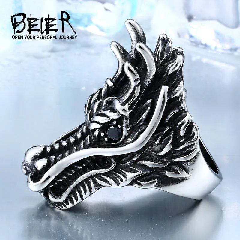 Beier New Fashion Domineering retro Cool Big Head Stainless Steel Animal Personality Huge Dragon Animal Ring BR8-890