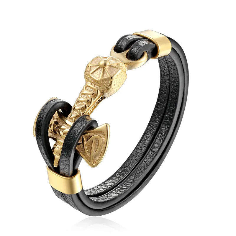 YIZIZAI Genuine Leather Anchor Bracelet Men Lion Double Wolf Shackles Stainless Steel Charm Bracelets Wristband Fashion Jewelry - Madeinsea©