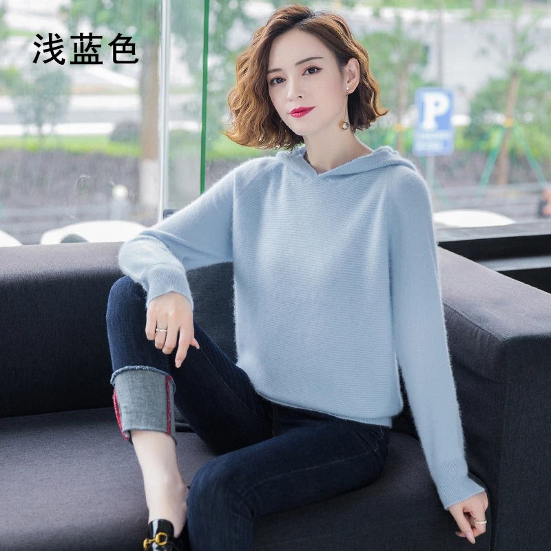 2025 Spring Winter 100%Pure Mink Cashmere Sweater Women Knitted Hooded Warm Lady's Grade Up Jumpers and Pullovers Soft Warm Tops
