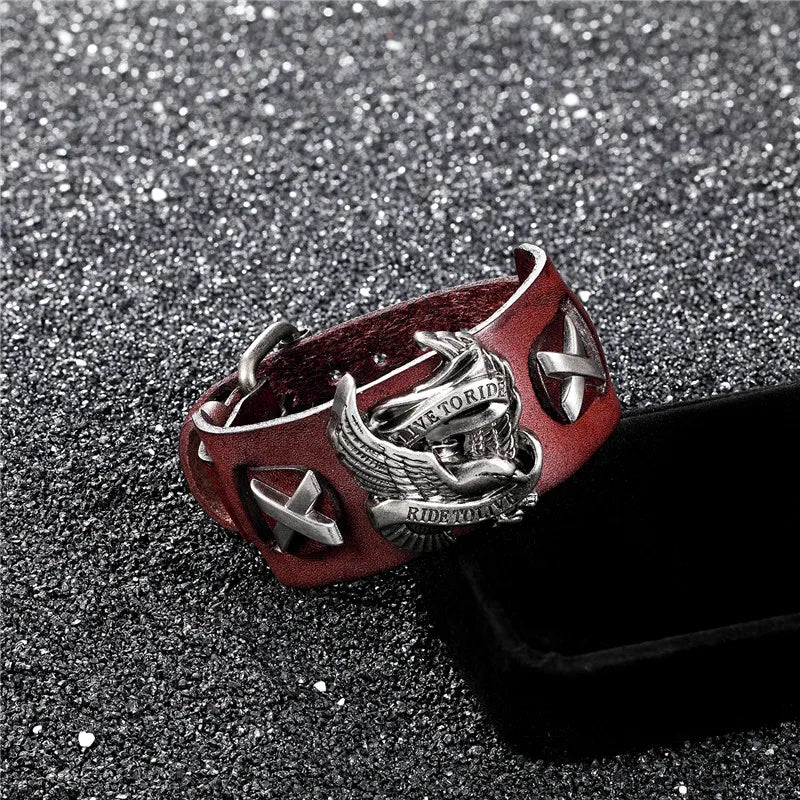MKENDN Retro Punk Eagle Genuine Leather Bracelet Ride to Live Charm Bird Wide Bangles for Men Woman Pulseira Gift