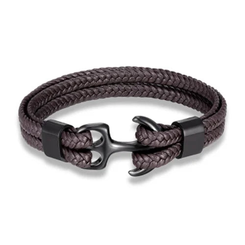 MKENDN Modisches Lederarmband für Herren, schwarzes geflochtenes mehrlagiges Seilarmband aus Edelstahl mit Anker, Herrenschmuck, Geschenkidee