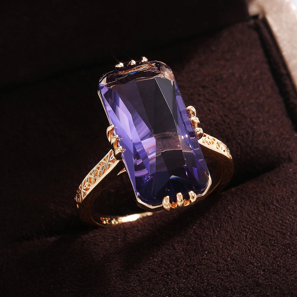 Huitan Long Shape Acrylic Purple Stone Rings for Women Fashion Bridal Wedding Party Ring Elegant Lady Accessories Trendy Jewelry