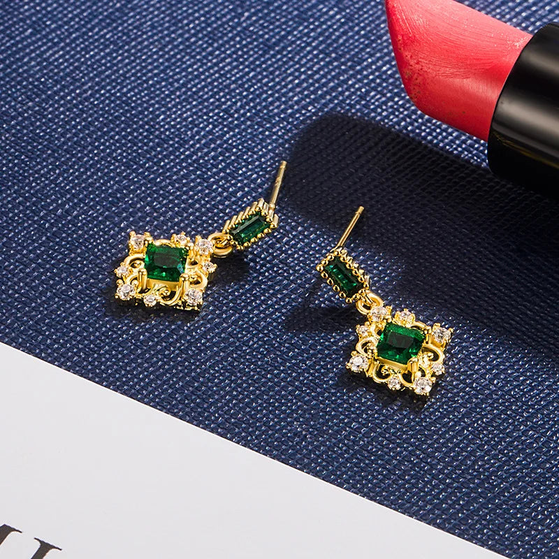 14K Yellow Gold Jewerly Drop Earring for Women Orecchini Aretes De Mujer Real Gold Jewelry Vintage Emerld Gemstone Drop Earrings