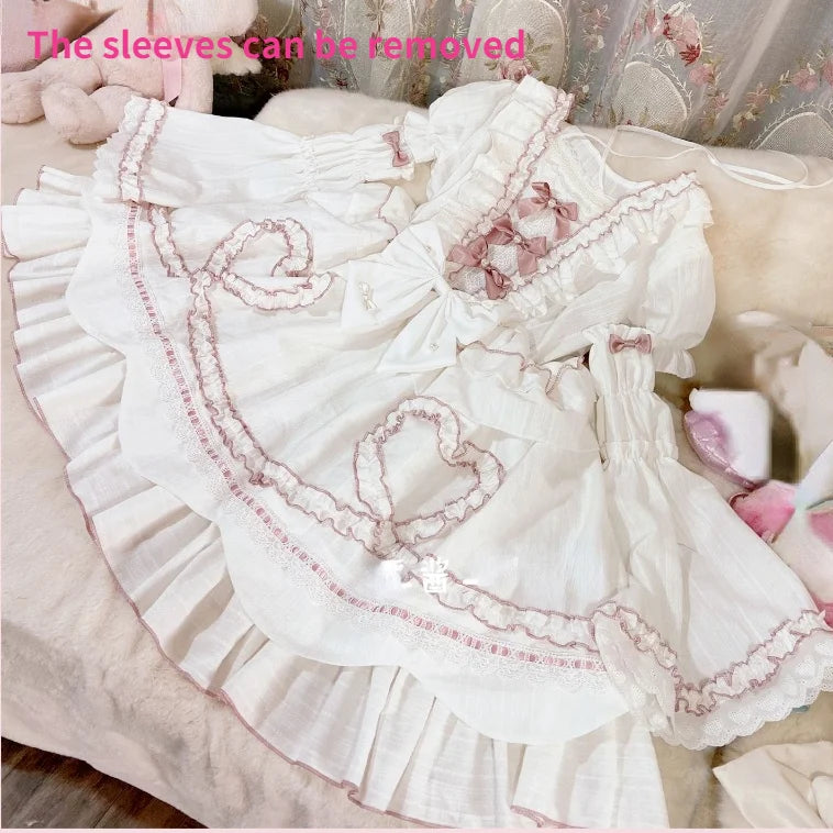 Sweet Chic Lolita Princess OP Dress Women Vintage Elegant Bow Lace Ruffles Pearls Flowers Wedding Dresses Girly Cute Party Dress