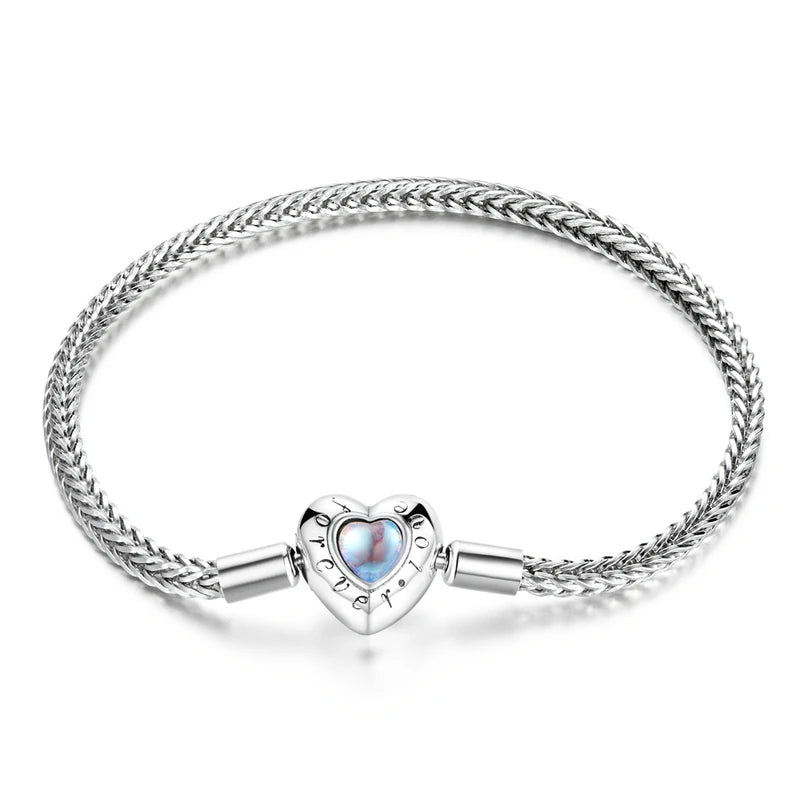 BAMOER Herzförmiges Charm- und Perlenarmband 925 Sterling Silber Schlangenkette Grundlegendes Armband für Frauen Mondsteinschmuck 17CM 19CM
