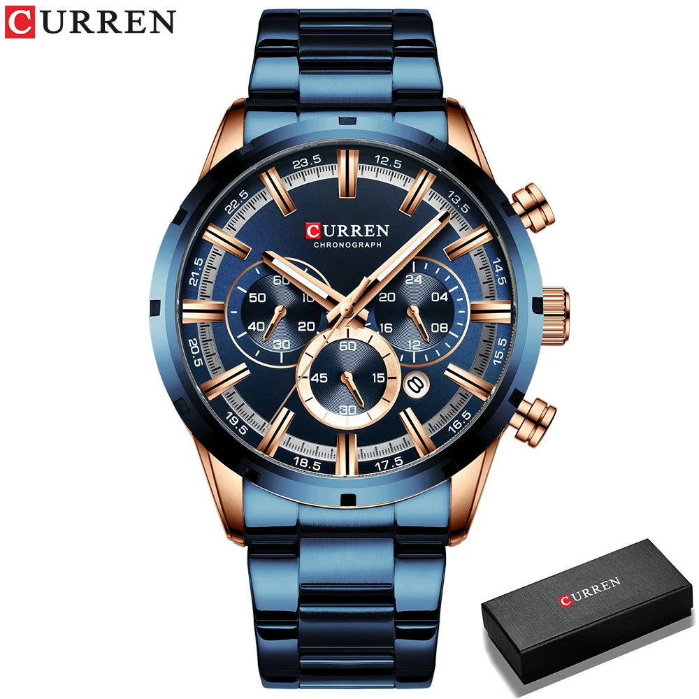 CURREN Top Brand Military Quartz Watches Silver Blue Mens Stainless Steel Chronograph Wristwatch for Male Casual Sporty Clocks