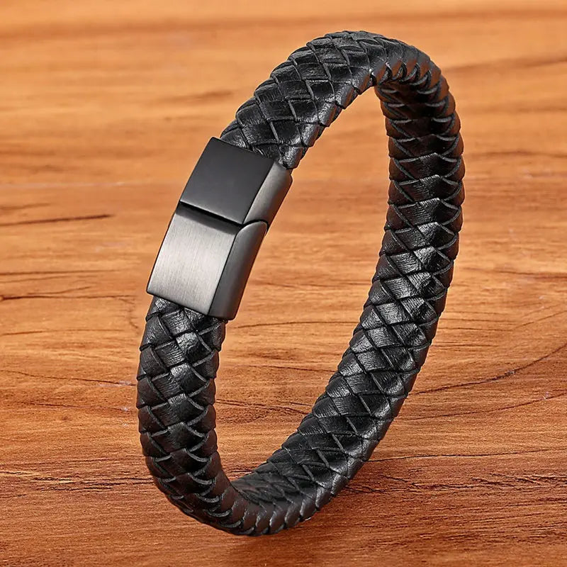 TYO Fashion Stainless Steel Charm Magnetic Black Men Bracelet Leather Genuine Braided Punk Rock Bangles Jewelry Accessories - Madeinsea©