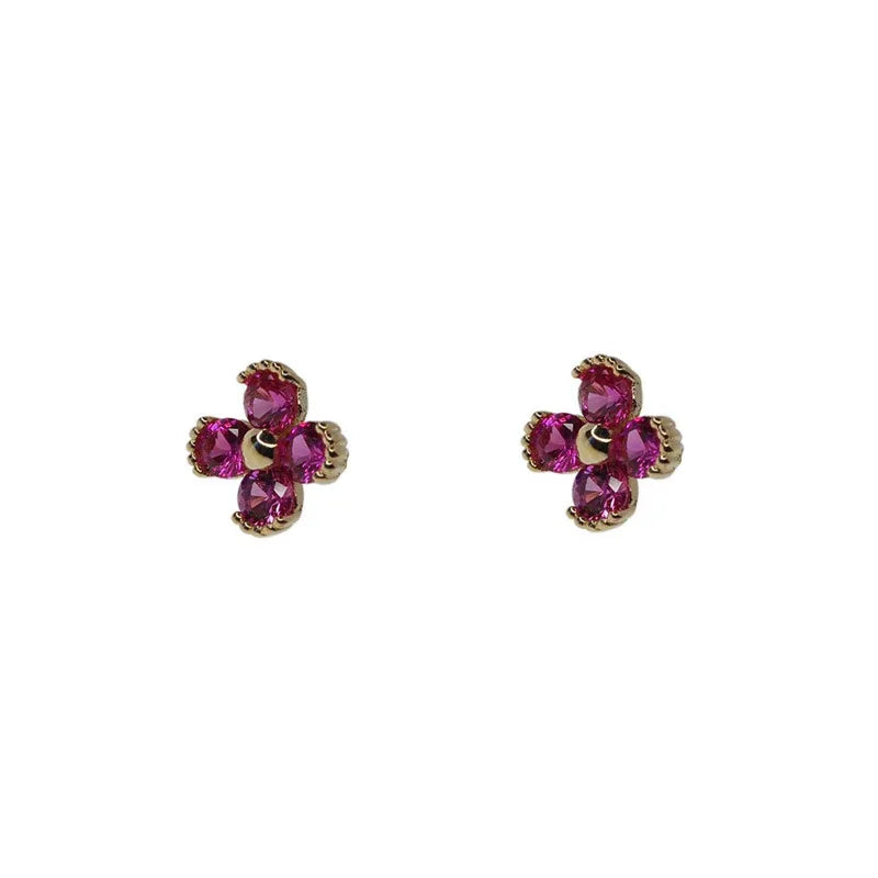 Boucles d'oreilles à tige en argent sterling 925 plaqué or 14 carats avec zircon rouge et jolies petites fleurs pour femme, bijoux de mariage, cadeau