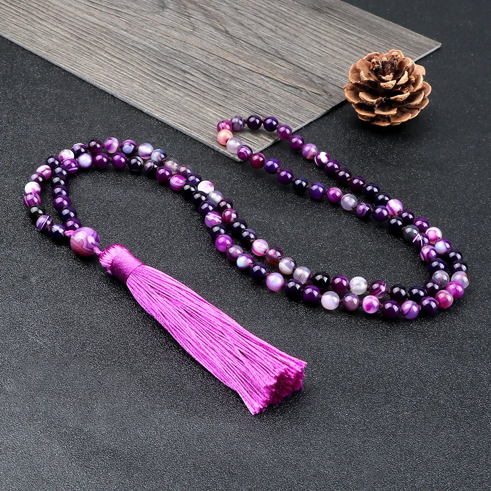 108 Mala Beaded Tassel Necklace Tiger Eyes Turquesa Meditation Yoga Jewelry Women Malachite Bohemian Ethnic Amazonite Necklace