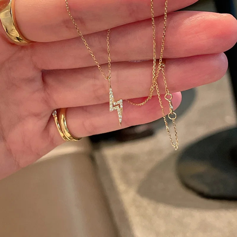 925 Sterling Silver Shiny Zircon Lightning Pendant Necklace for Women Korea 14K Gold Plated Temperament Jewelry Gift