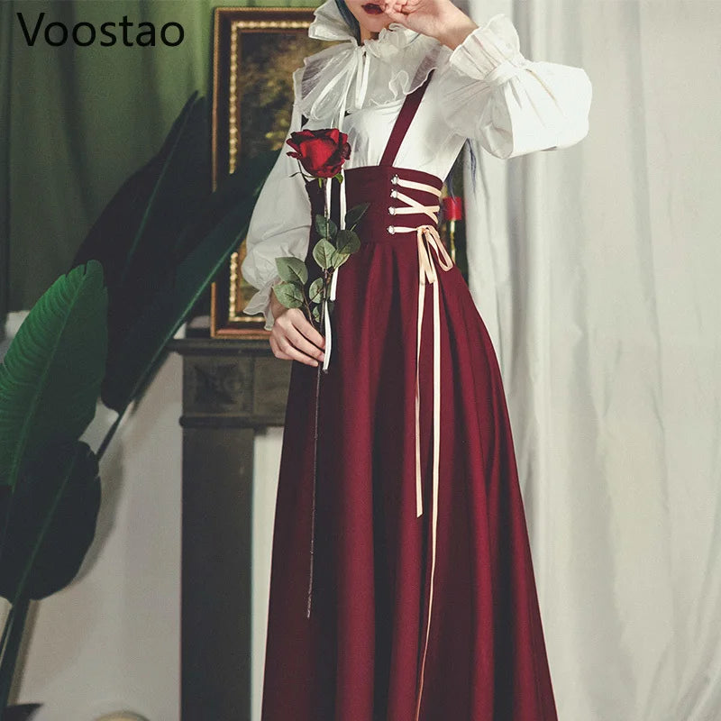 Autumn French Style Vintage Women Two Piece Set Court White Stand Collar Blouse Shirt+High Waist Lace-up Suspender Dress Suits