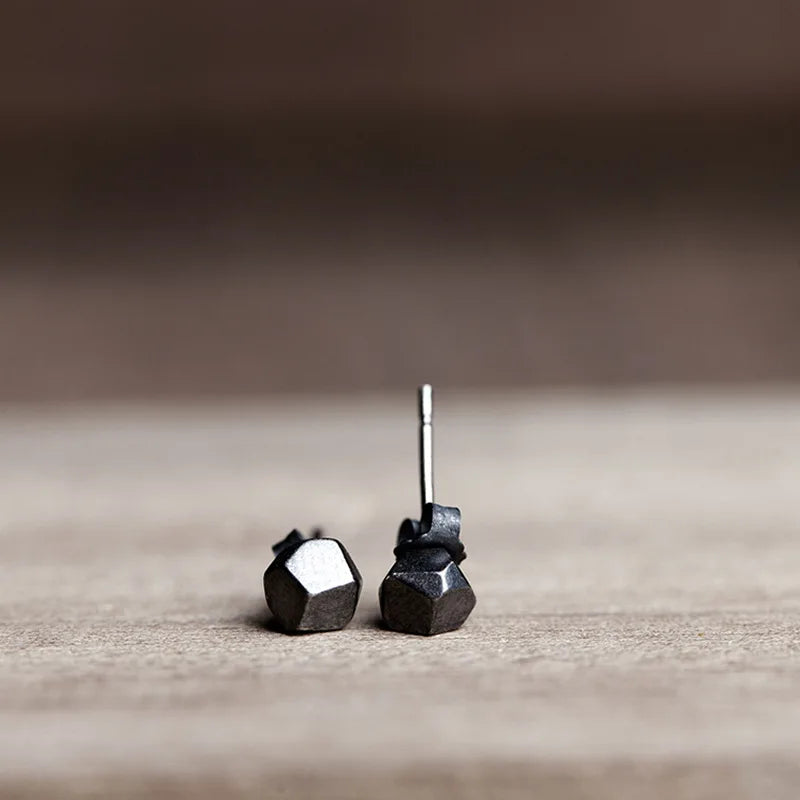 MKENDN Oxidized Black 925 Sterling Silver Three-dimensional Geometric Shape Stud Earrings Punk Irregular personality Jewelry