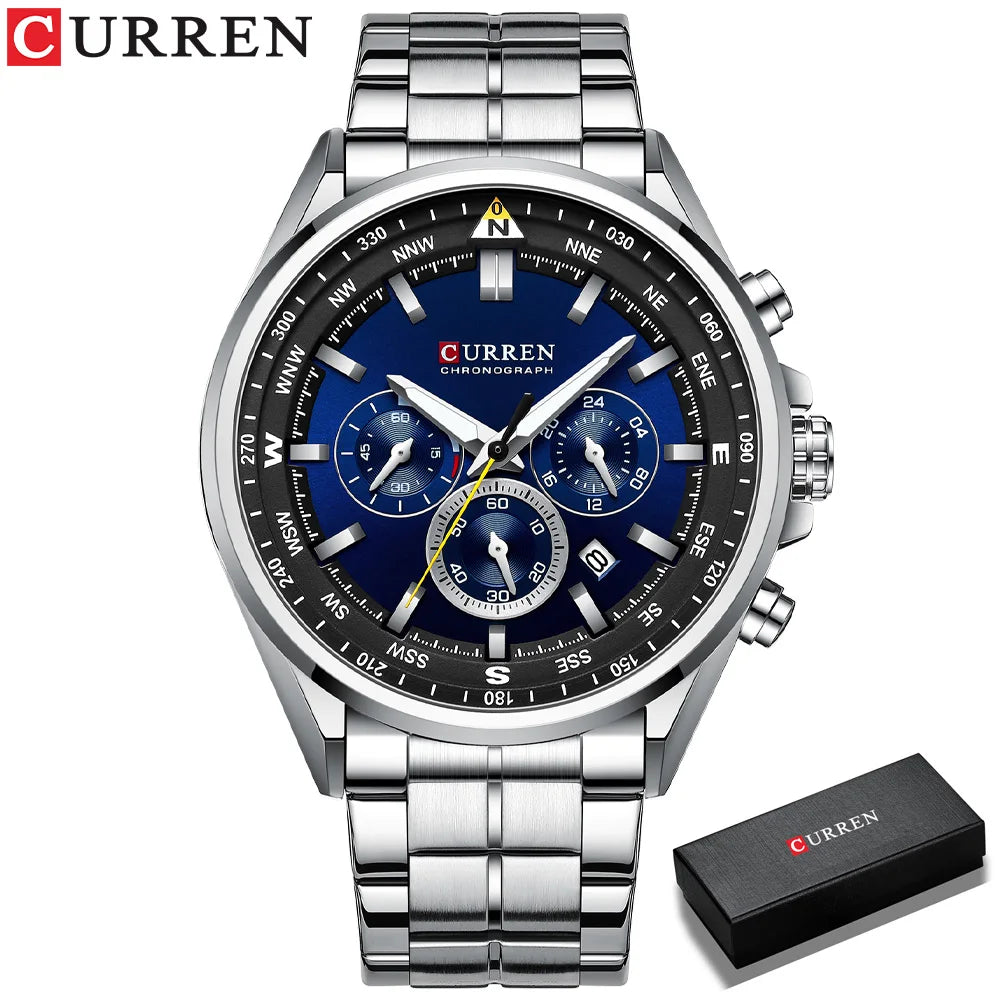 CURREN Luxury Brand Watches for Men Casual Sporty Quartz Wristwatch with 316 Stainless Steel Band Chronograph Clock Male Silver