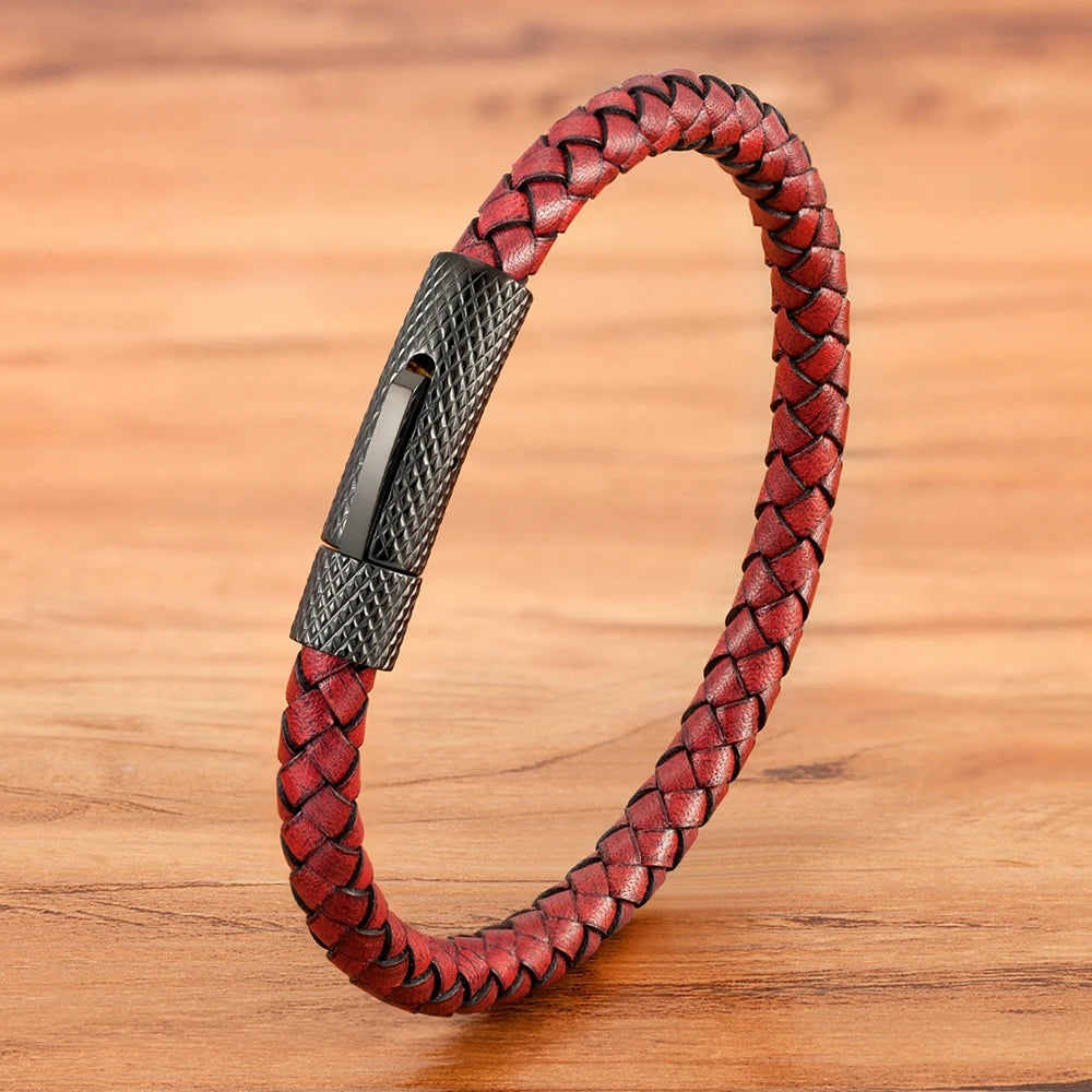 Bracelet TYO de luxe classique en acier inoxydable et cuir pour homme, tissé à la main, fermoir magnétique, noir, bijou simple, cadeau personnalisable