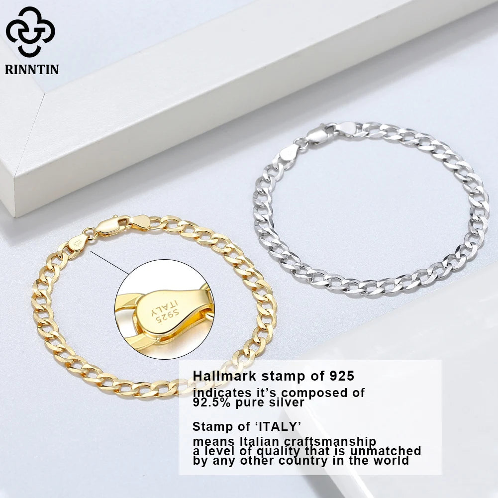 Rinntin 18K Gold Over 925 Sterling Silver 3mm Italian Cuban Chain Bracelet for Women Men Trendy Silver Bracelet Jewelry SB123 - Madeinsea©
