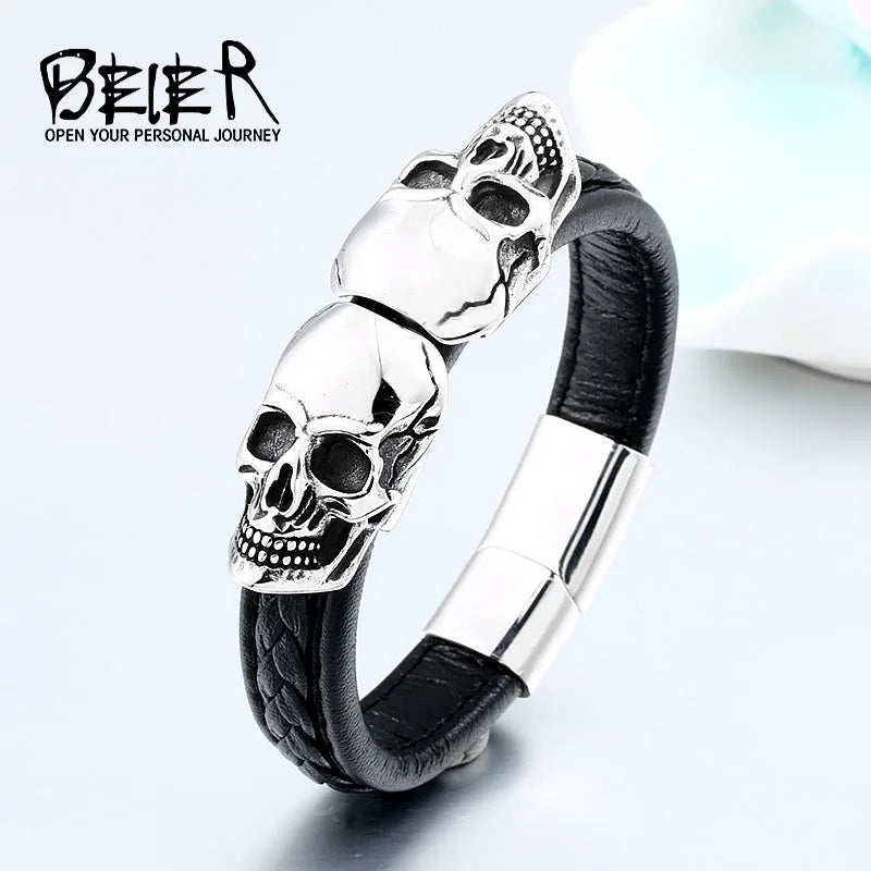Bracelet en cuir de haute qualité pour homme en acier inoxydable 316L avec double tête de mort punk Beier LLBC-L024L