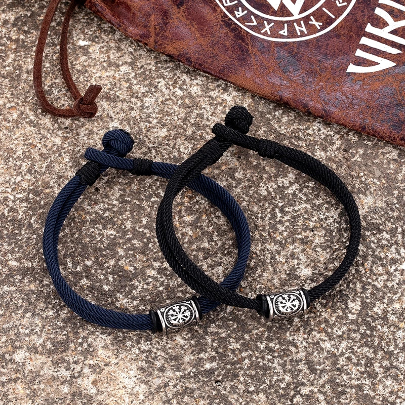 MKENDN Vintage Viking Compass Runes Bracelet Handmade Double Strand Rope Bracelets For Men Women Norse Mythology Amulet Gifts