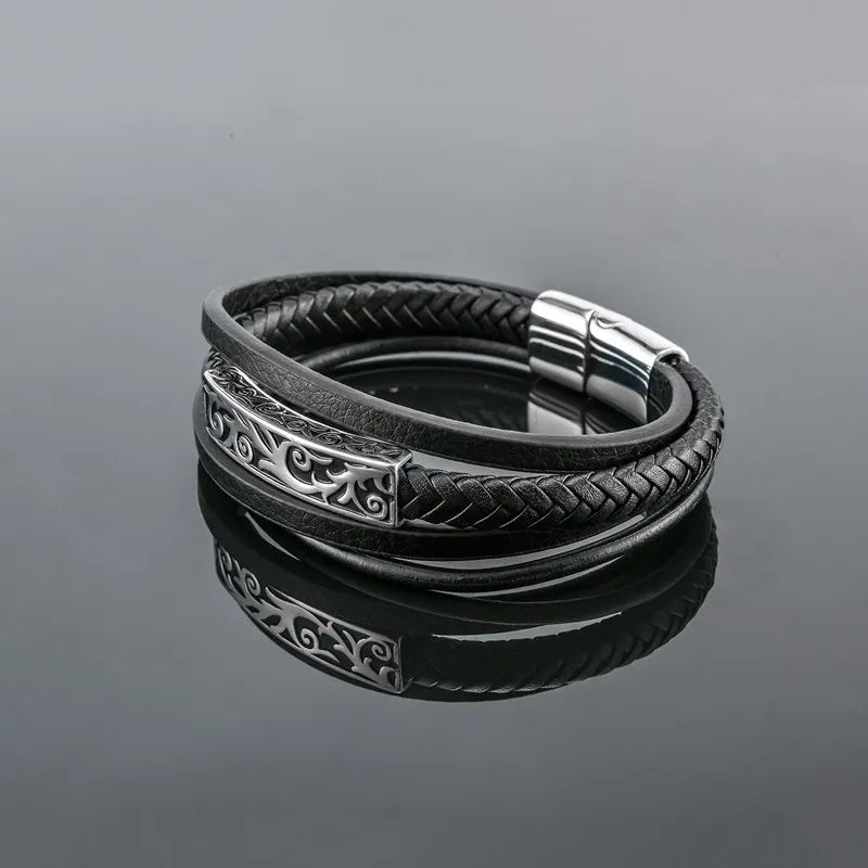 MKENDN Multi-layer Leather Wristband Vintage carved Accessories Men's Bracelet Stainless Steel Leather Bracelet Viking Jewelry